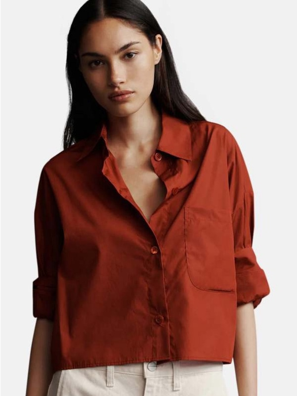 TWP Next Ex Short Sleeve Button Cropped Boxy Collar Rolled Cuff Cotton Shirt